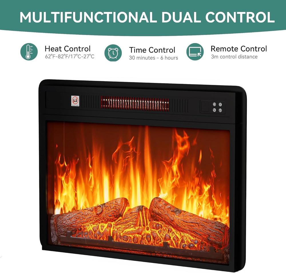 24" Electric Fireplace Insert, Fireplace Heaters with Log Set, Remote Control wi