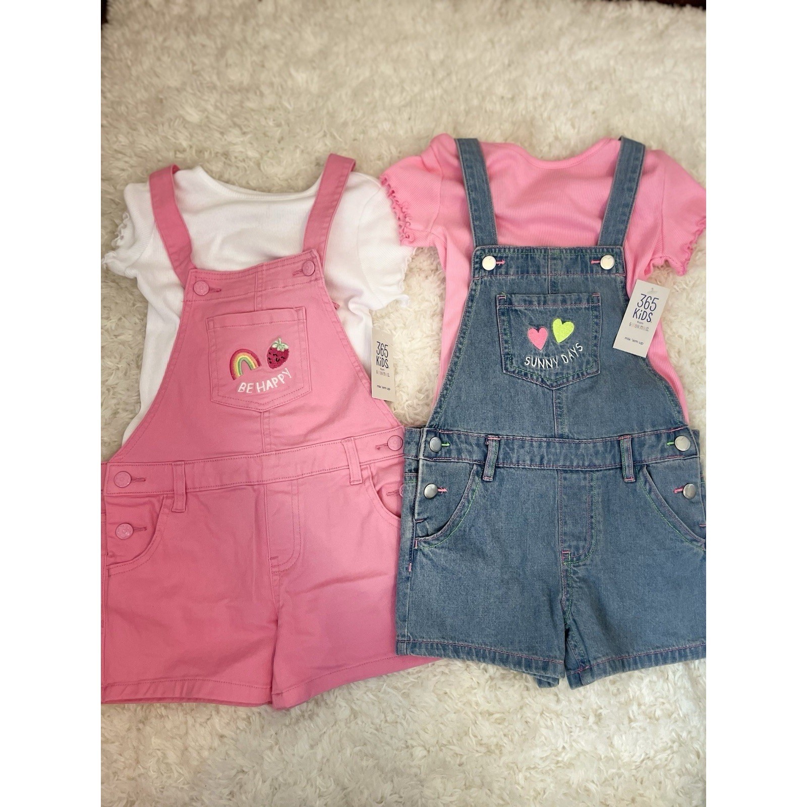 365 Kids Girls 2 Pack Pink and Blue Denim Overalls and T-shirt 5 Rainbow Heart