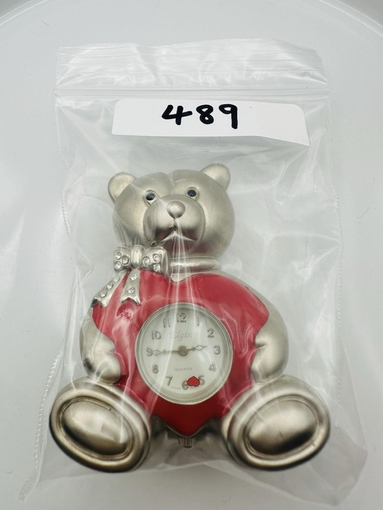 Elgin Collectable Mini Clock TEDDY BEAR & HEART Vintage