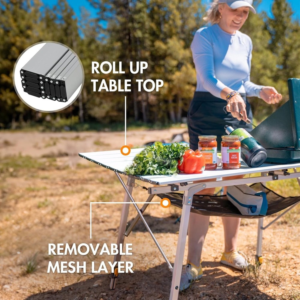 Extra Large Portable Aluminum Folding Camping Table - Adjustable Height, Silver