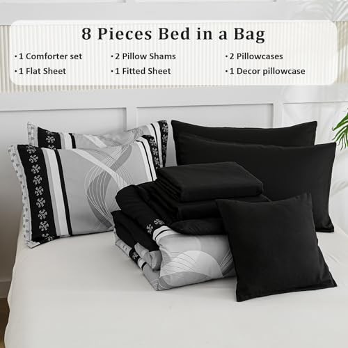 Comforter Set Size,8 Pieces Boho Bed in a Bag Patchwork Striped King Black