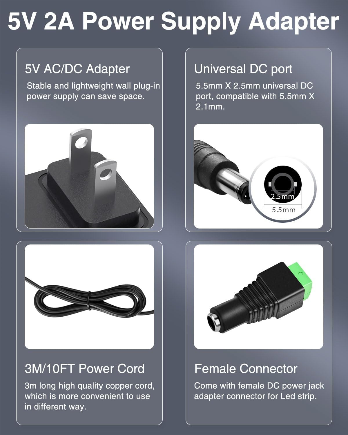 5V 2A Power Supply 5Volt 2Amp AC Adapter 100-240V DC 5V Power Cord 10FT with DC