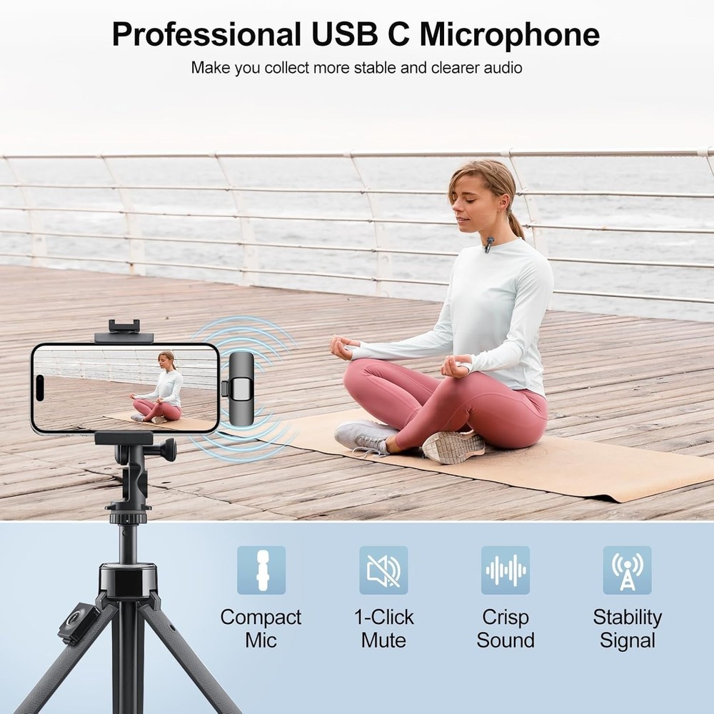 USB C Mini Wireless Lavalier Microphone for iPhone/Android, Lapel Mic with No...