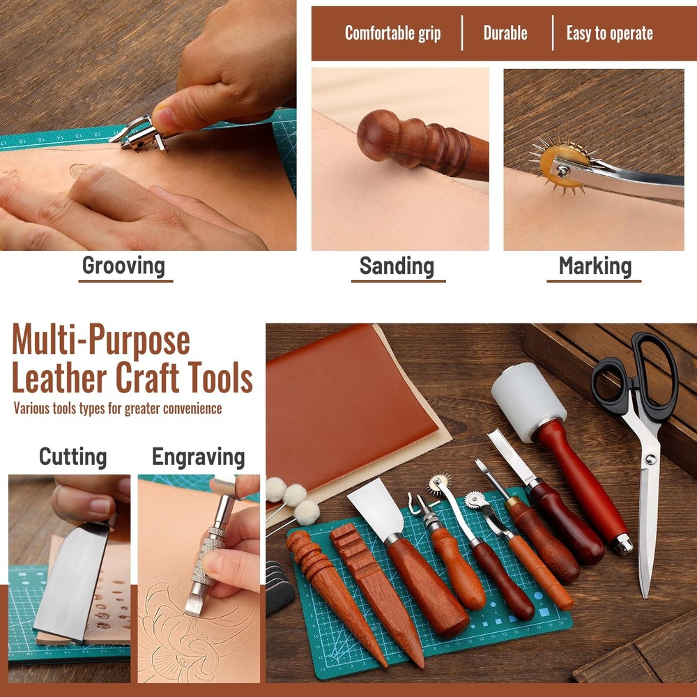 Leather Working Tools Kit, Leather Tooling Kit with Double Layer Storage Box,...