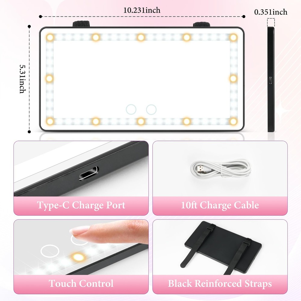 Rechargeable Car Sun Visor Mirror with 60 LEDs & Dimmable Touch Control