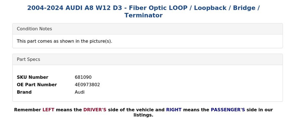 2004-2024 AUDI A8 W12 D3 - Fiber Optic LOOP / Loopback / Bridge / Terminator