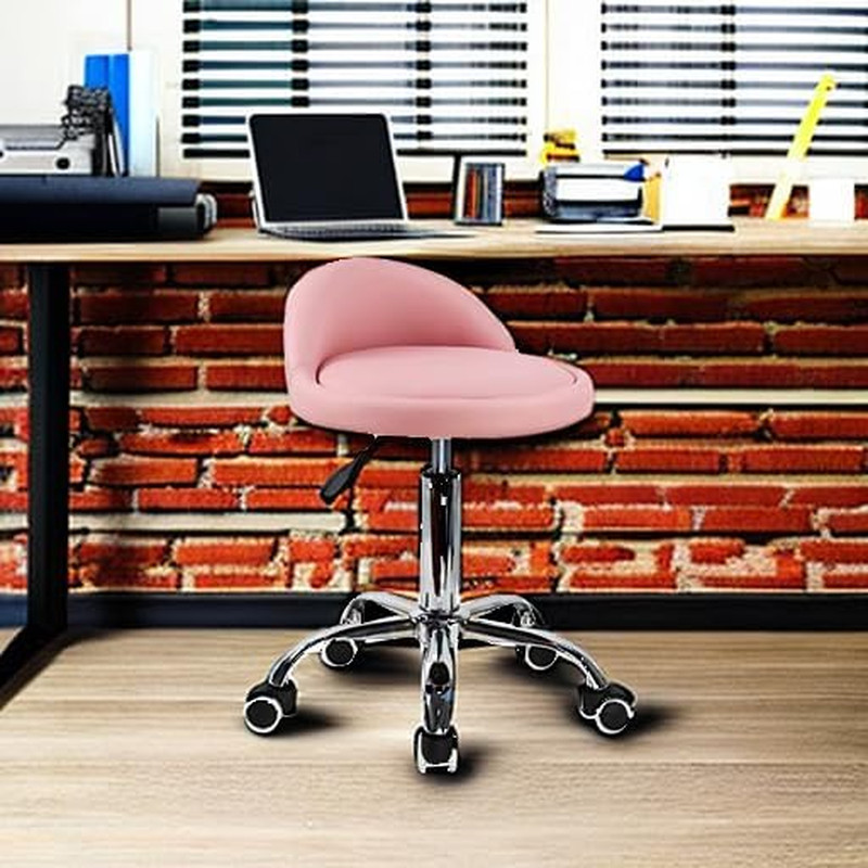 PU Leather round Rolling Stool with Back Rest Height Adjustable Swivel Drafting