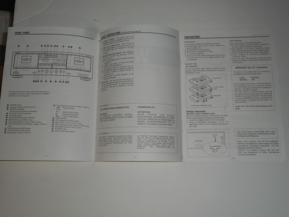 TEAC W-525R Owner's Manual & Specifications Double Auto Reverse Cassette Deck