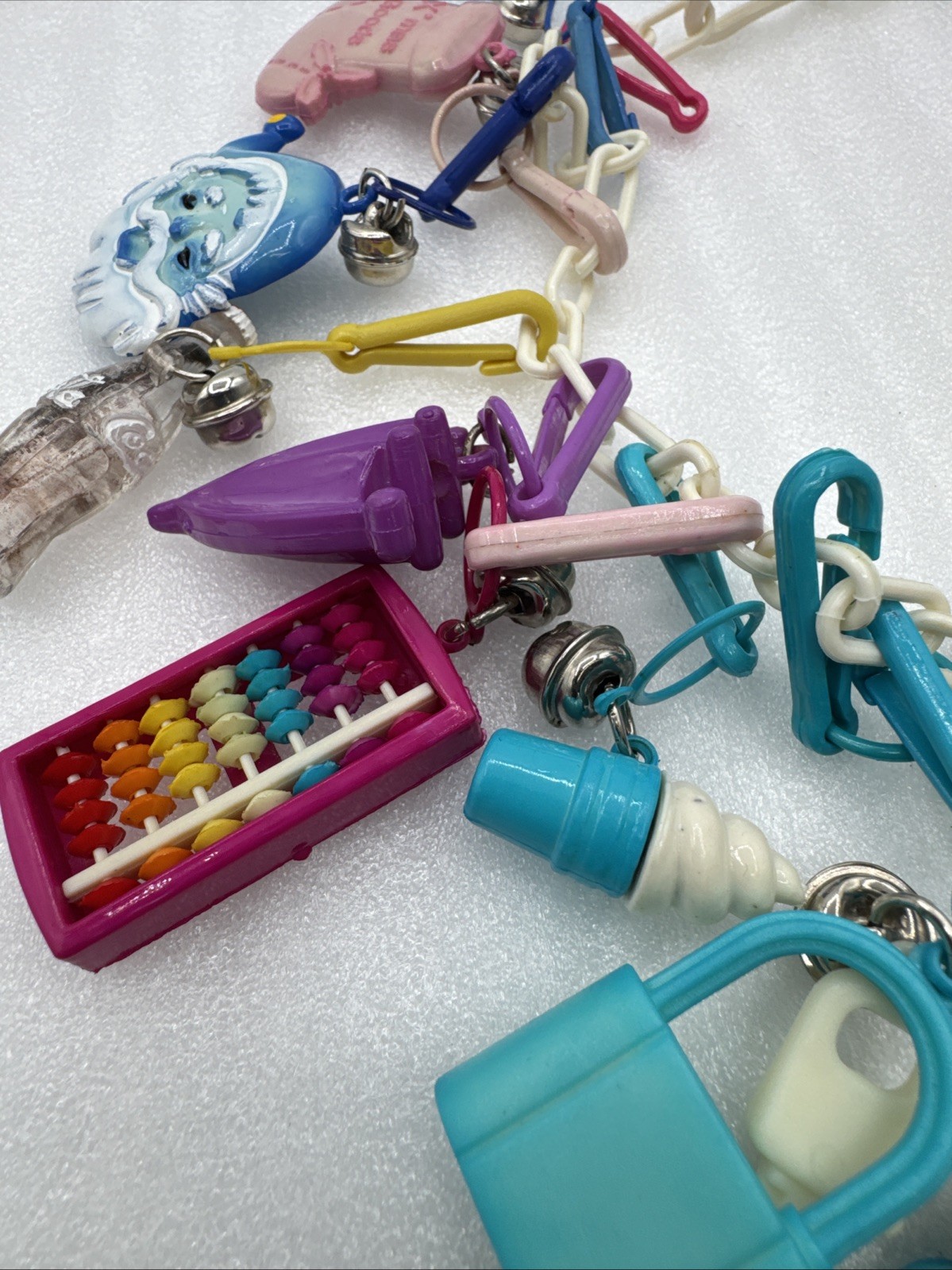 Vintage 1980's Plastic Bell Charm Clip Necklace w 2 Chains and 34 Charms.
