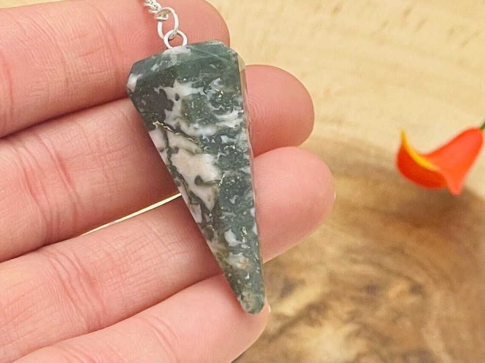 Moss Agate Crystal Pendulum With Silver Plated Chain, Moss Agate Point Pendulum