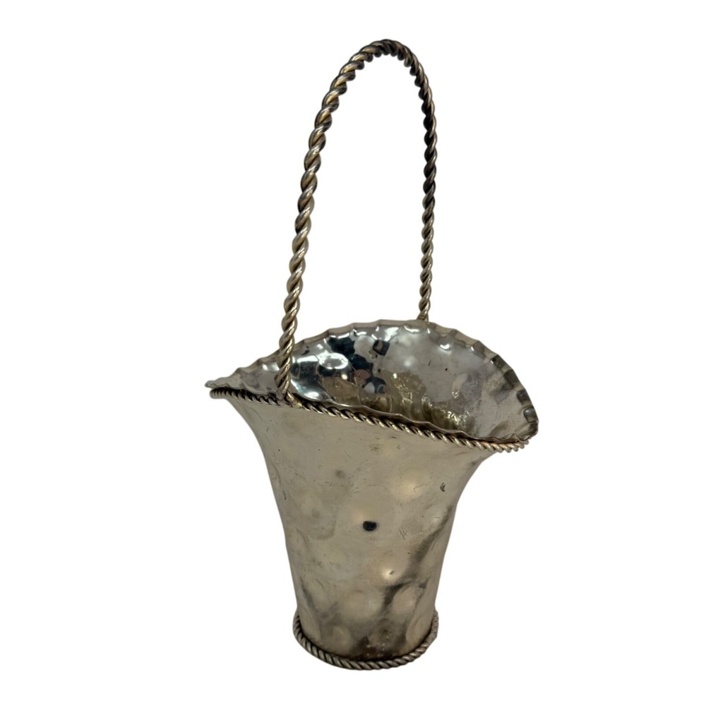 Vintage Silver Silver-plated Flower Basket Dimpled Vase India Twisted Handle