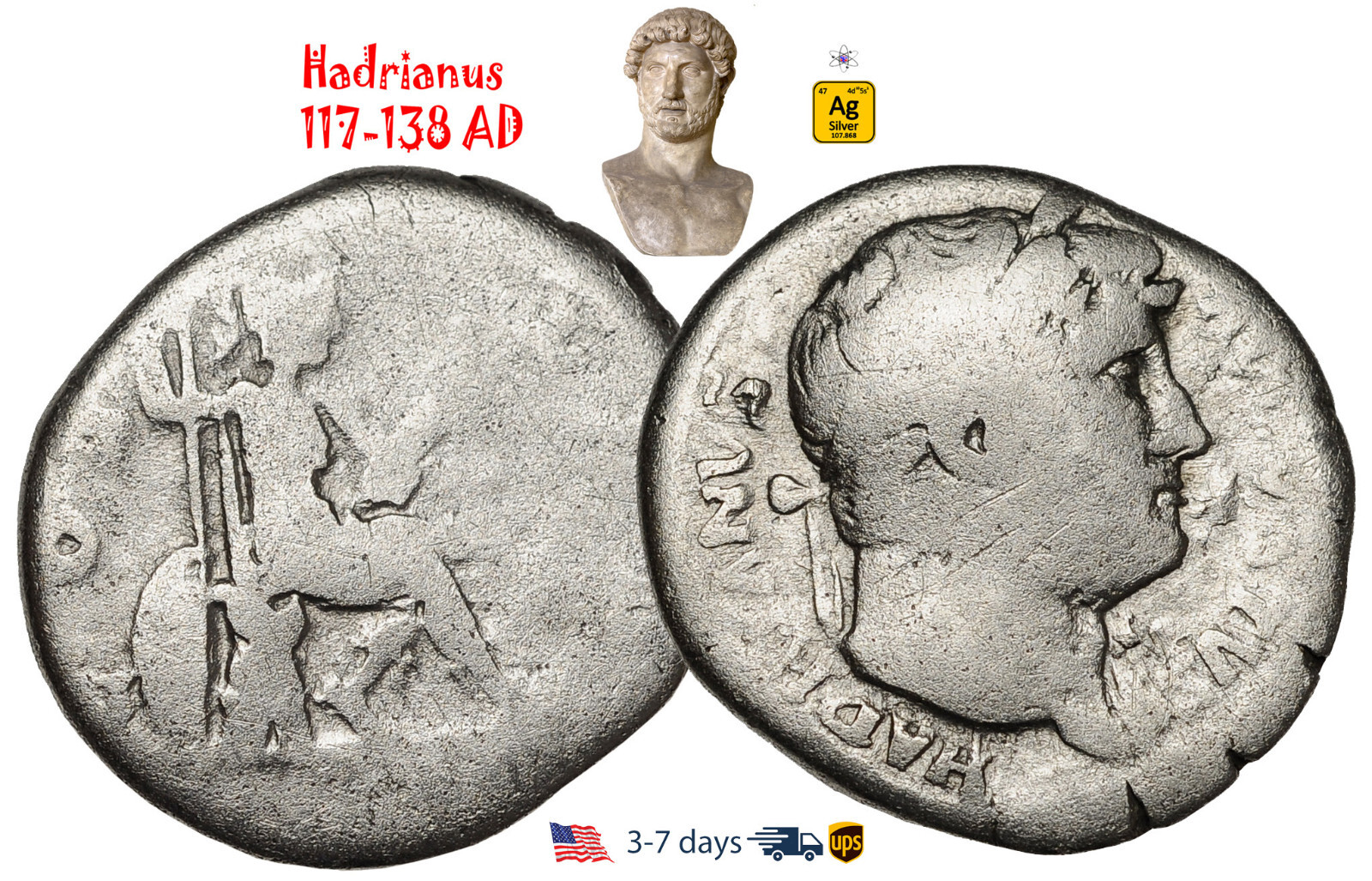 Ancient Roman Empire Coin Silver Denarius Hadrian 117 - 138 AD Authentic #31401