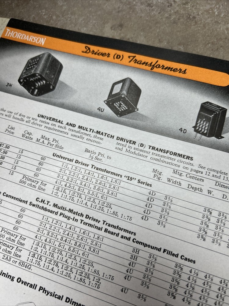 TRANSFORMERS BY THORDARSON COMPLETE CAT. NO 400-FX 1942 & COMPARISON DATA JB61