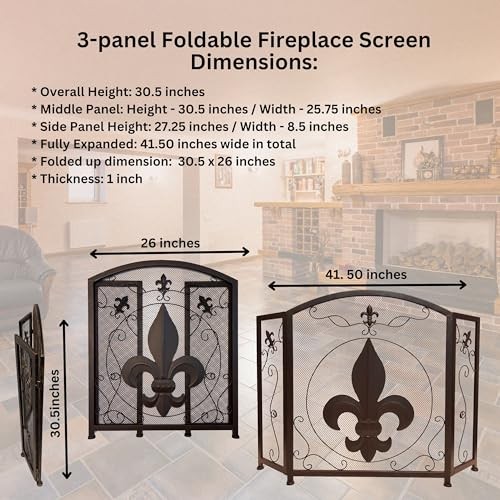 3-Panel Fireplace Screen Decorative with Fleur De Lis Design, Classic Dark