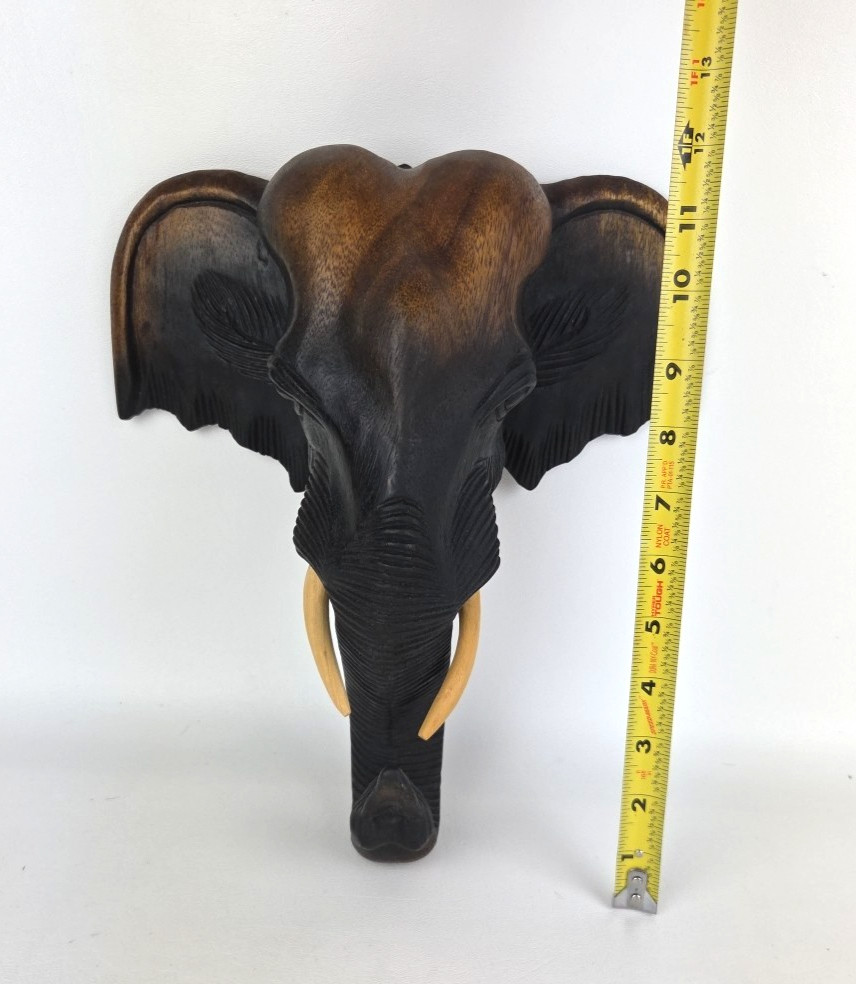 12” Wooden Thai Elephant Head Hand Carved Hanging Wall Home Decor Boho Gift