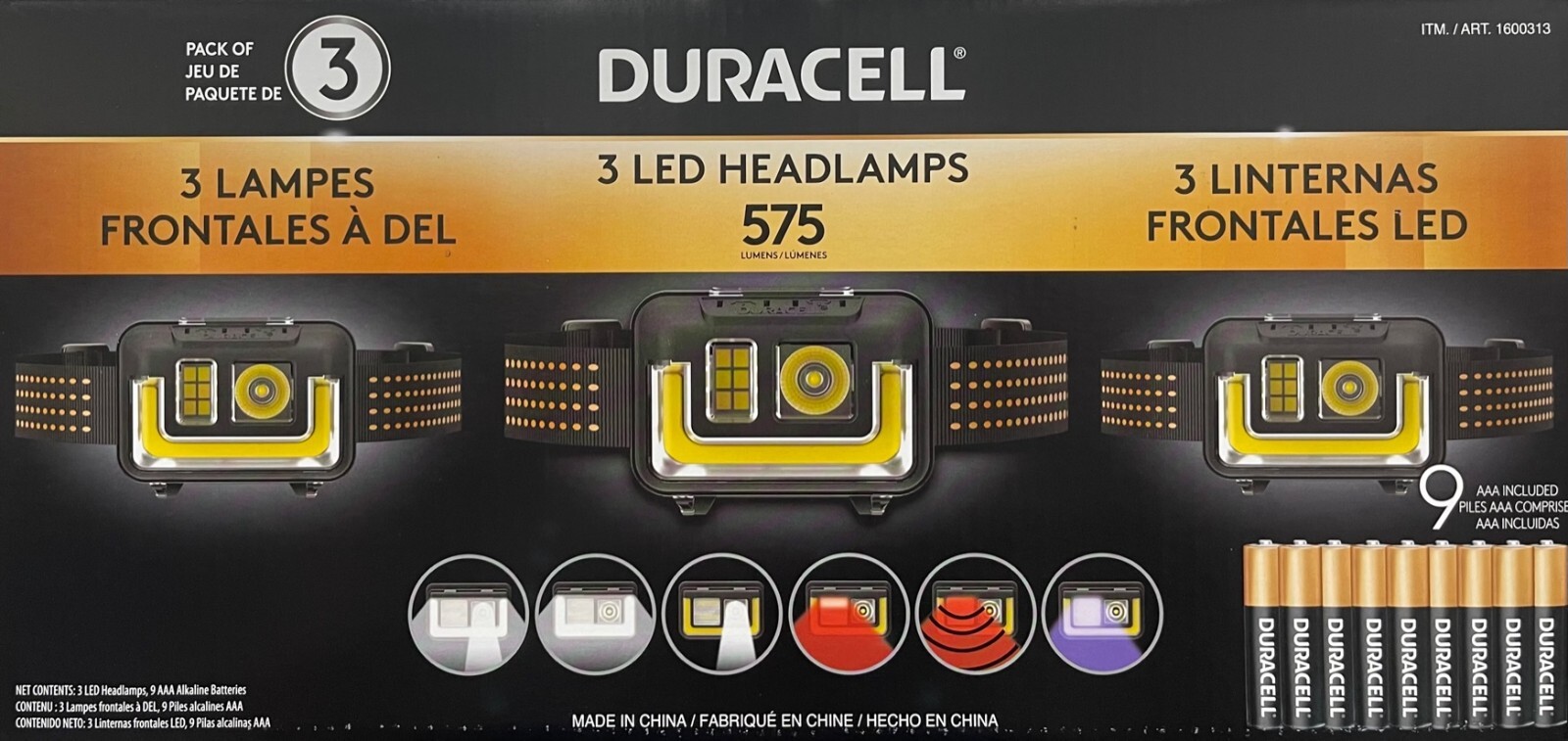 3 Pack Duracell 575 Lumen LED COB Headlamps 6 Beam Modes Batteries Included