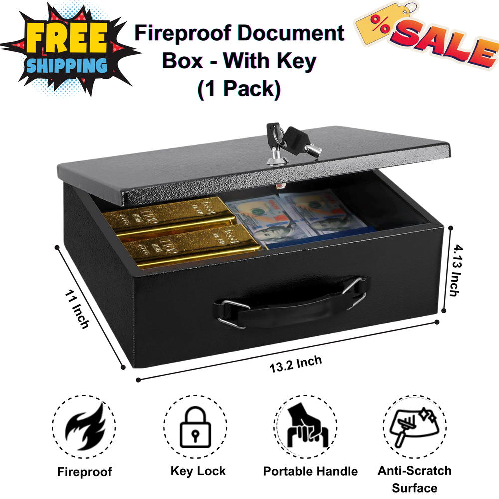 Fireproof Document Box with Key Lock, Large Safe Chest for Valuables, Portable