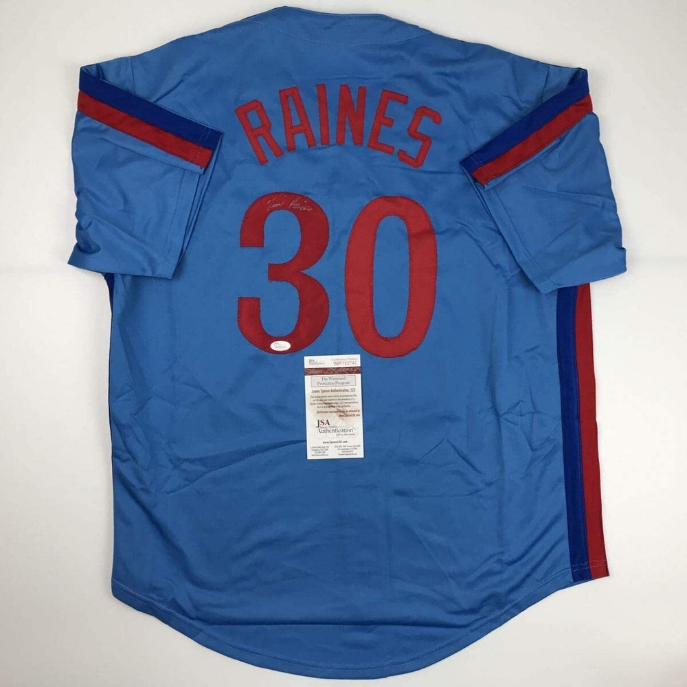 Autographed/Signed TIM RAINES Montreal Blue Baseball Jersey JSA COA Auto