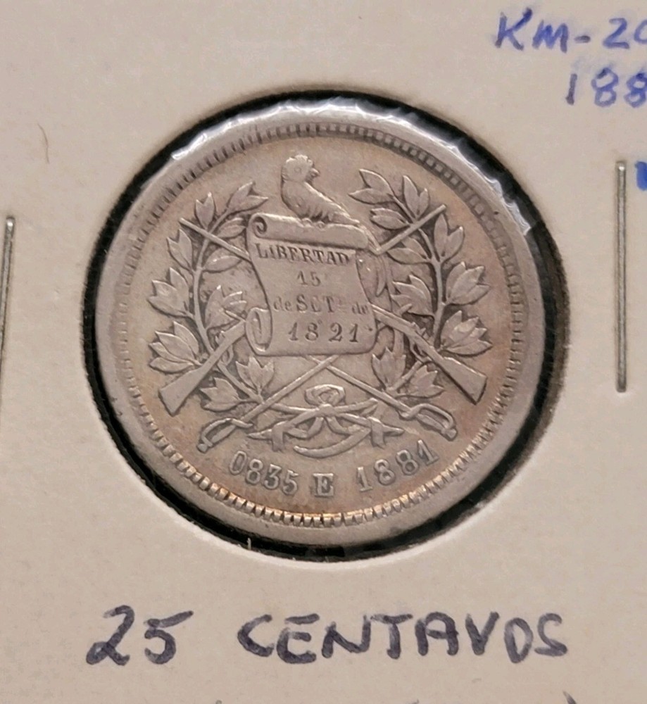 Guatemala 1881 25 E Centavos Silver Coin ➕️ XF ➕️ 🇬🇹 ✅️