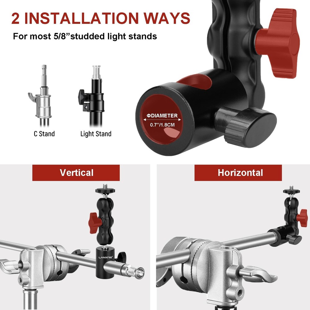 Light Stand Mount Adapter with Double Ball Head - Compatible with Camera Moni...