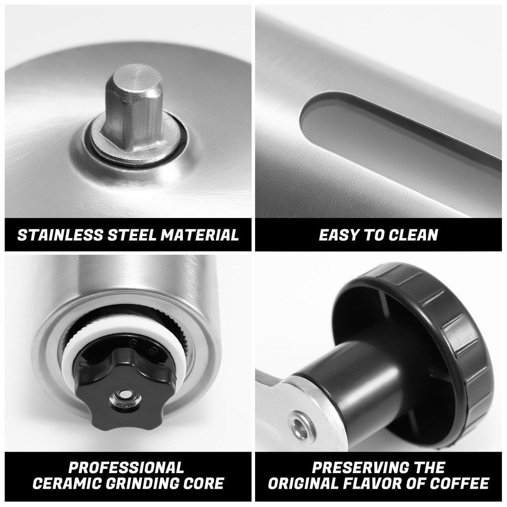 Manual Coffee Grinder with Ceramic Conical Burr - Large size, Silver-white