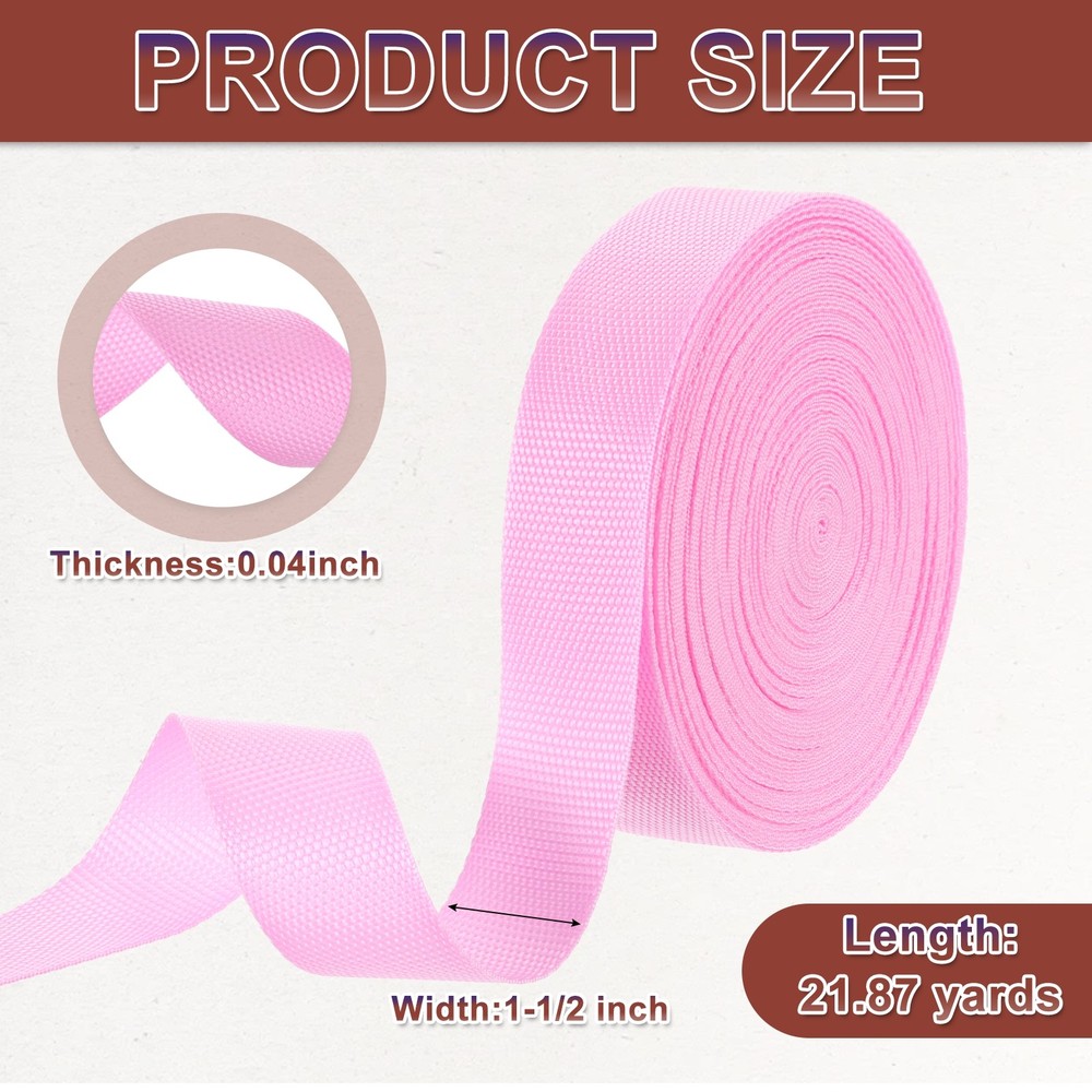 Nylon Webbing Strap, 22 Yards x 1-1/2" Polypropylene Flat Webbing Strap (Pink)