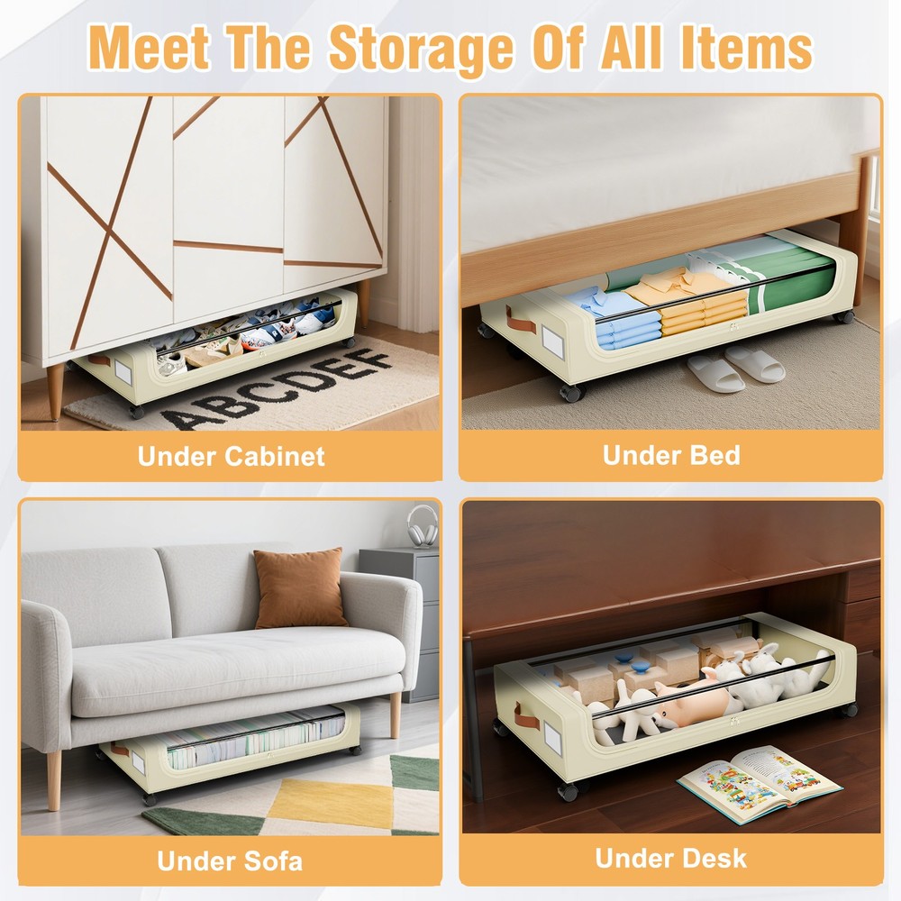 Space Saving Under Bed Clothes Storage 2-Rolling Bins - XL Clear Boxes with Lids