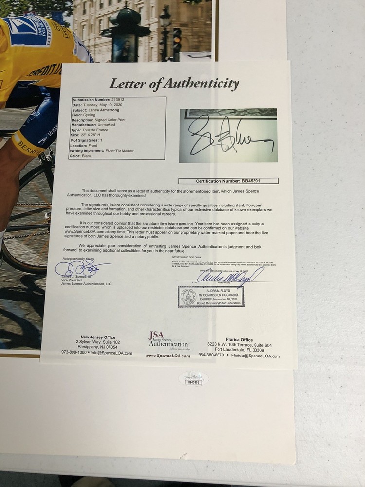 Lance Armstrong Signed 22x28 Print(JSA)