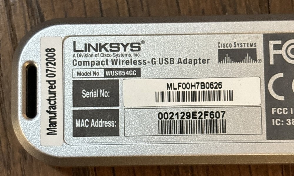 LINKSYS/CISCO SYSTEMS WUSB54GC COMPACT WIRELESS-G USB ADAPTER