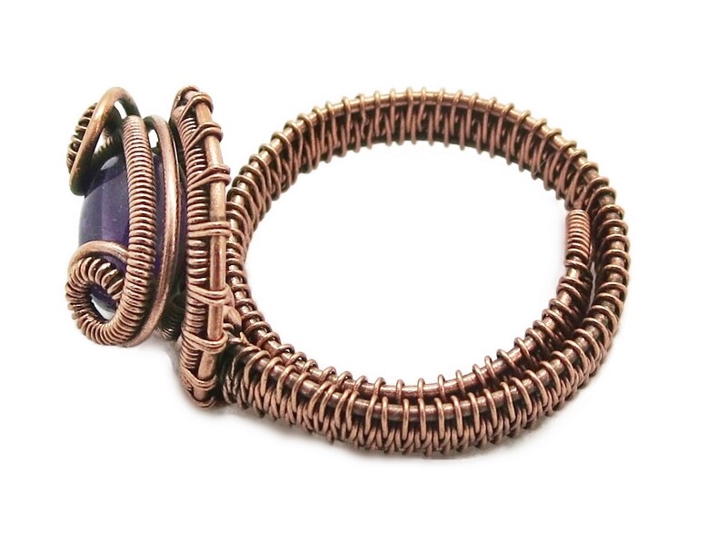 Adjustable Amethyst Wire-Wrapped Ring in Copper
