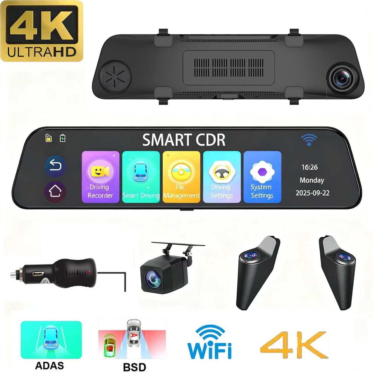 2026 Smart 4K Mirror Dash Cam 4 Channel ADAS BSD WIFI Car Camera Rearview Mirror