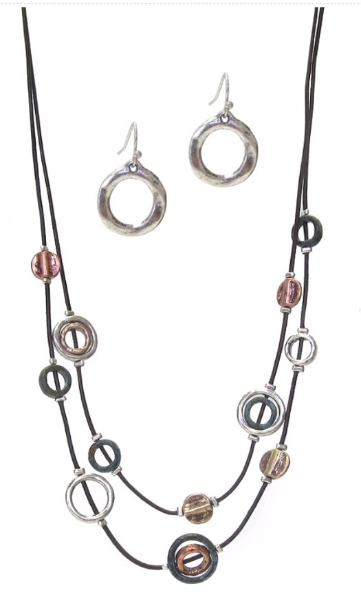 Double Layer Multi Ring Cord Necklace Earrings set