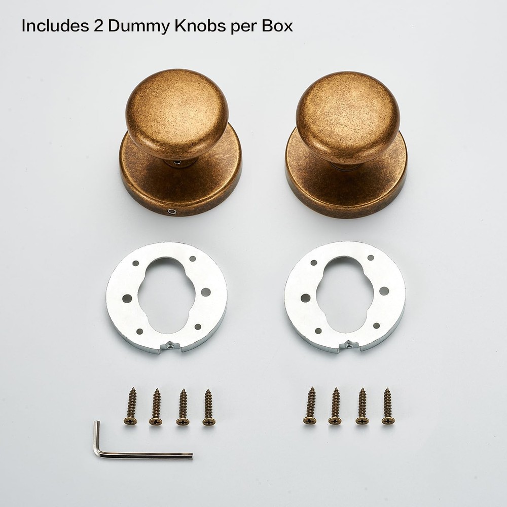 Rotating Dummy Door Knob Set – 2 Pack Antique Brass Round Decorative Knobs