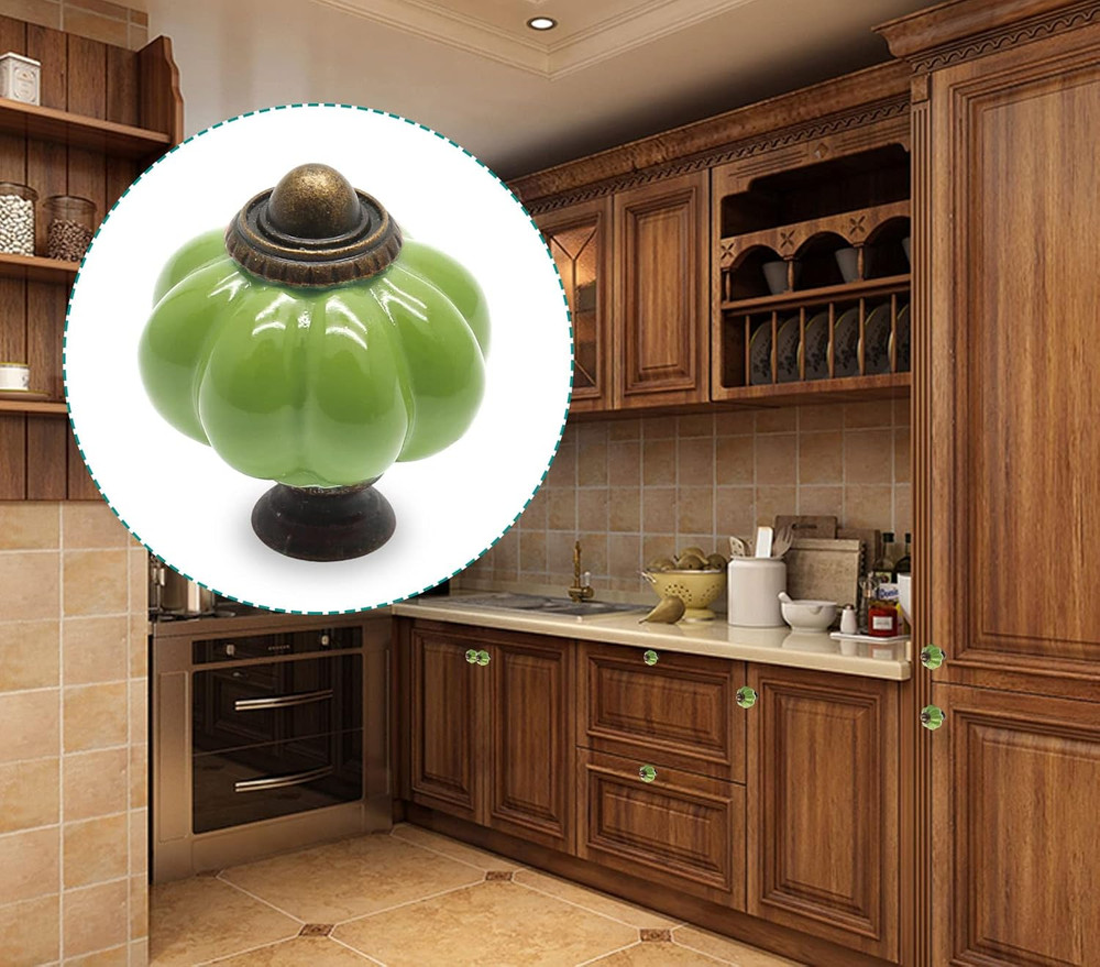 12pcs Grass Green Pumpkin Knobs, Vintage Ceramic Cabinet Handles, Drawer Pulls f