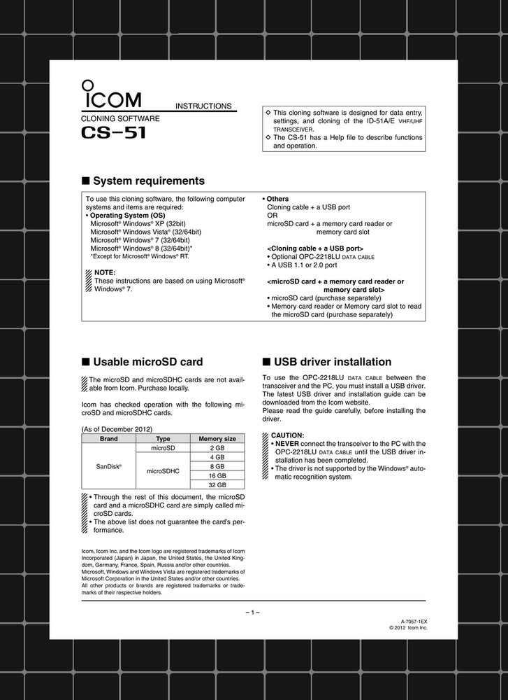 Icom CS-51 — INSTRUCTIONS User Guide How-To Tutorial — 9 Pages — USA Made
