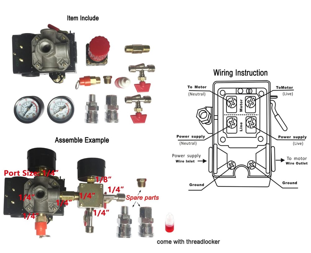 Secbolt Pressure Switch Manifold Regulator Gauges Air Compressor Black