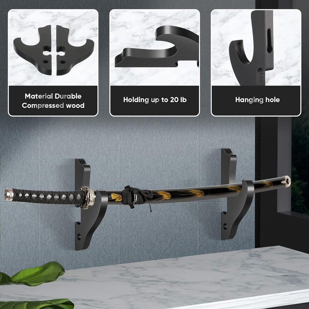 6 Pcs Sword Hook Wall Mount Samurai Hanger for Adjustable Black