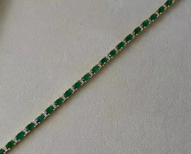 Natural Green Emerald 6Ct Oval Cut Tennis Bracelet 14K Yellow Gold Plated Silver