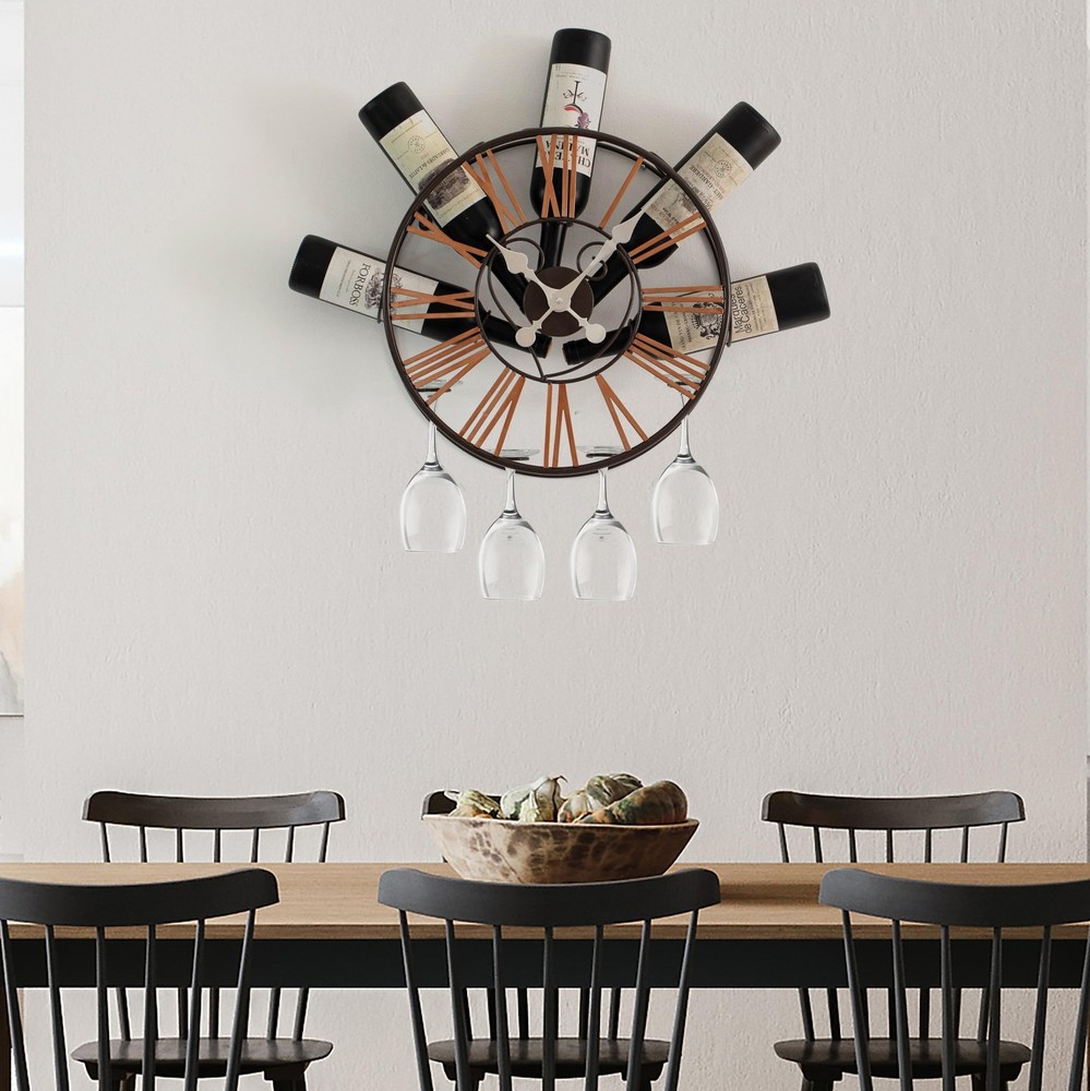 Wall-Mounted Clock Design Wine Holder with Stemware Rack - Unique Shelf for C...