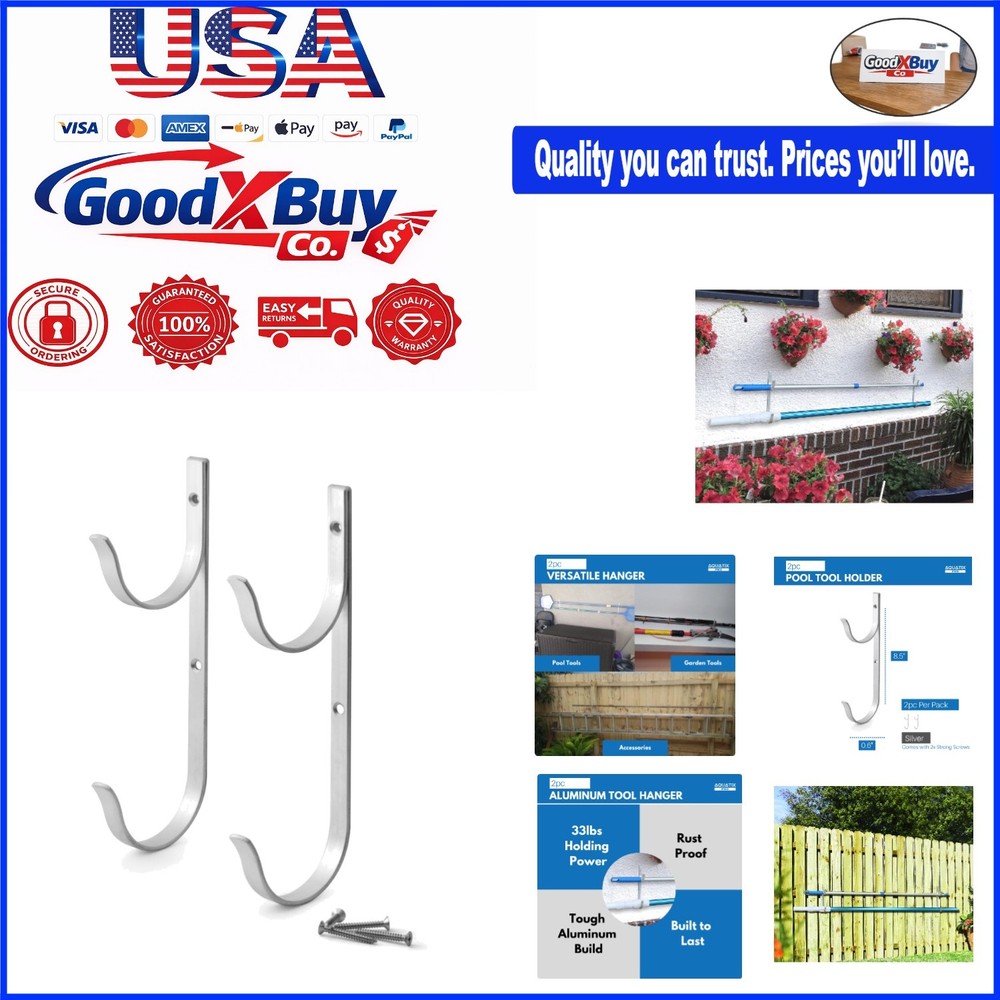 Aluminium Pool Pole & Garden Tool Hanger Set 2 Pack Wall Mount Rustproof Black