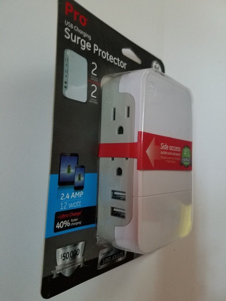 GE Pro 2 Outlet + 2 USB Side Access Surge Protector, 2.4 Amp, White, Model 37090