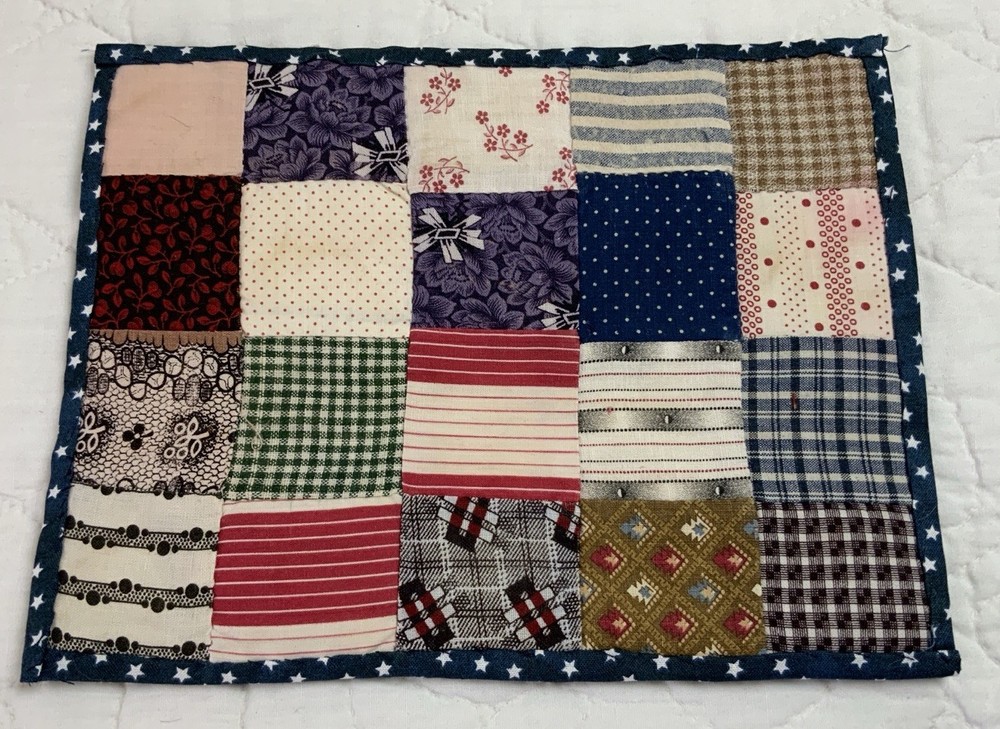 Antique Patchwork Quilt Table Topper, Rectangle, Four Patch, Early Calico Prints