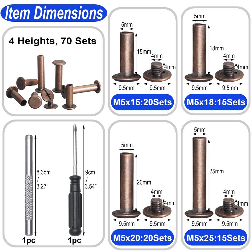 70Sets Chicago Screws Leather Rivets Assorted Screw Rivets Chicago Binding Sc...