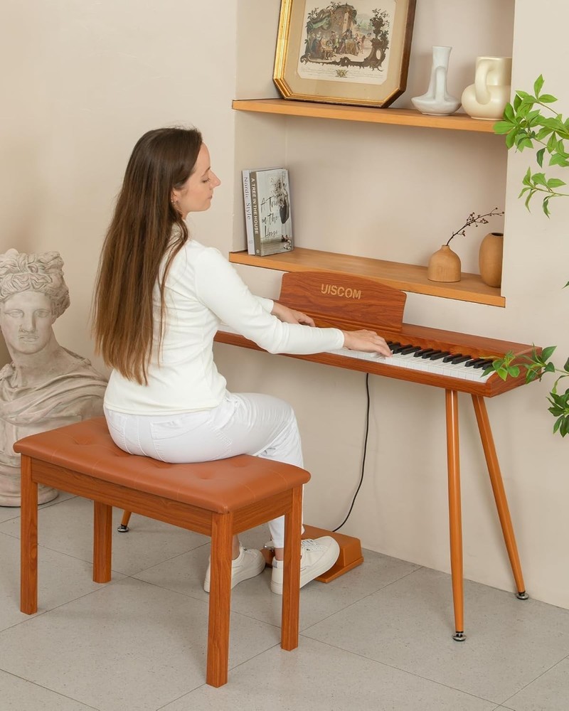 Duet Piano Bench Padded Cushion & Storage Solid Wood Keyboard Bench Bookcase