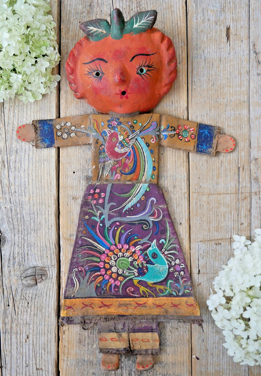 Fruit Girl Canvas Body Coconut Head Distressed Handmade Guerrero Mexico Folk Art