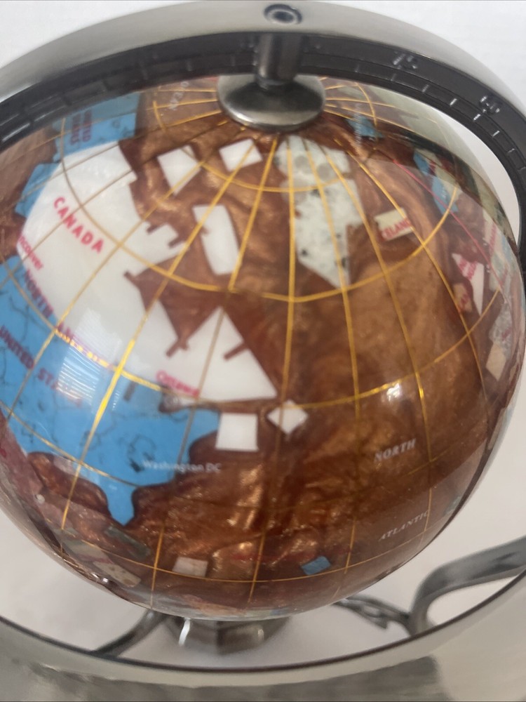 Gemstone World Globe Silver Tripod Stand Compass Manually Rotates 10” Tall