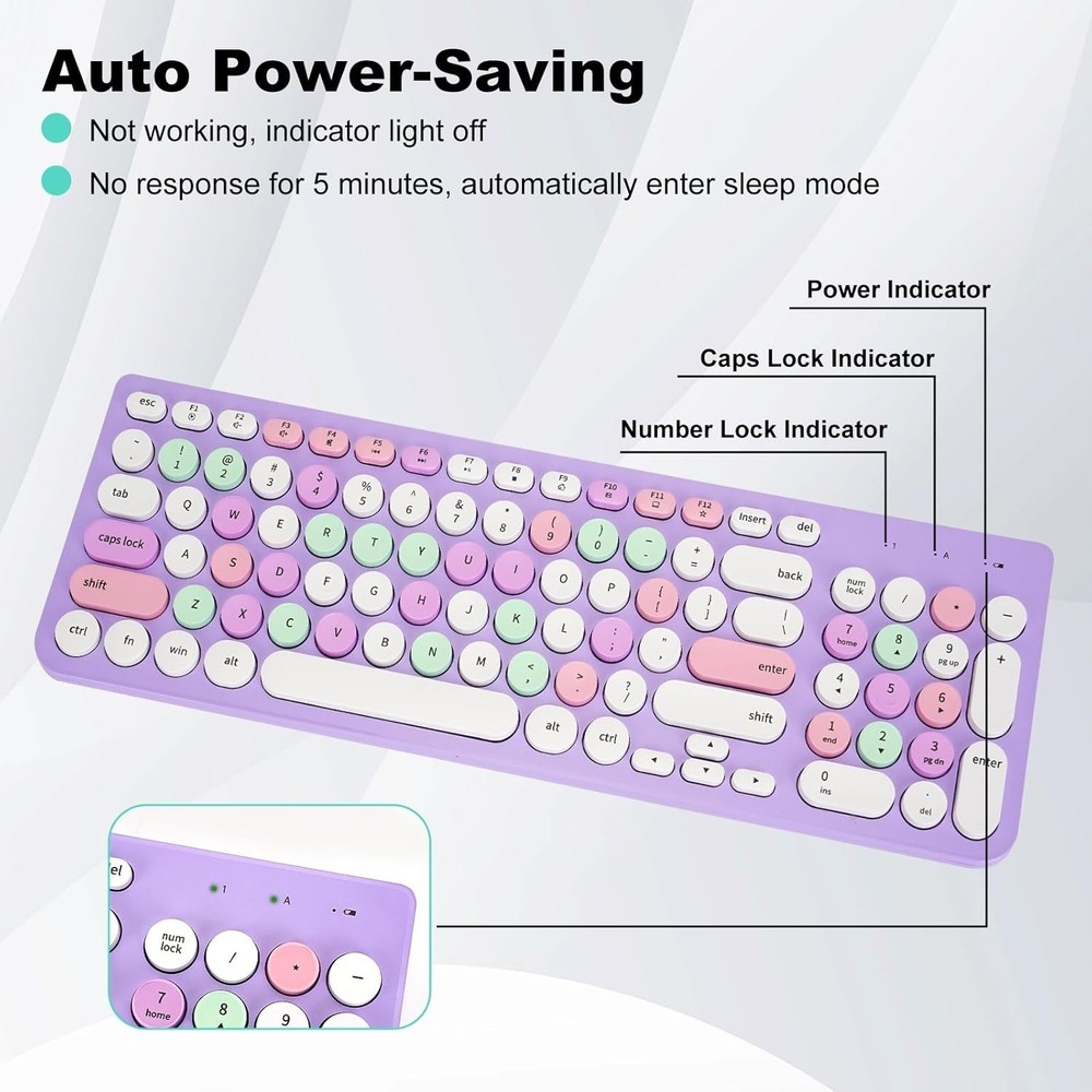 Wireless Keyboard and Mouse Combo, Retro Typewriter Keyboard with Round Keycaps