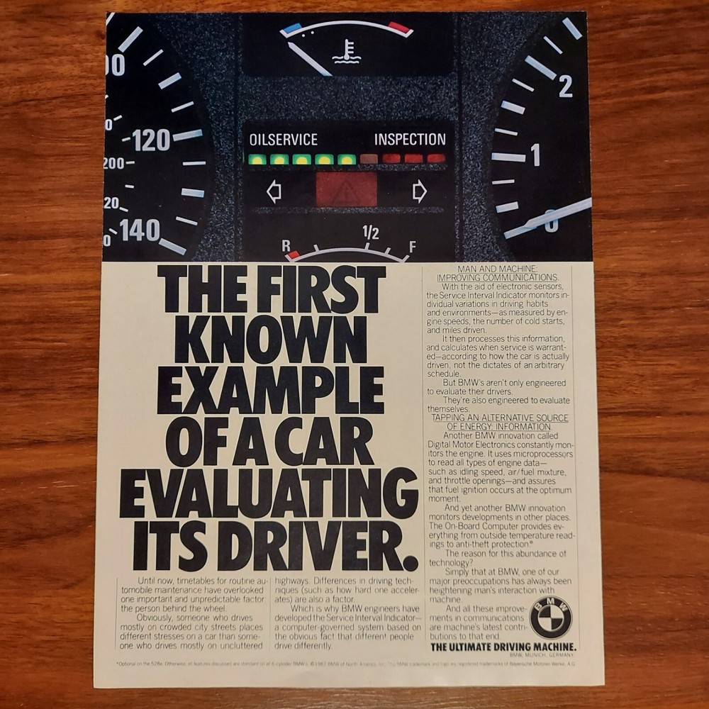 BMW 528e E28 PRINT AD MAGAZINE ADVERTISEMENT FIRST CAR EVALUATING ITS DRIVER