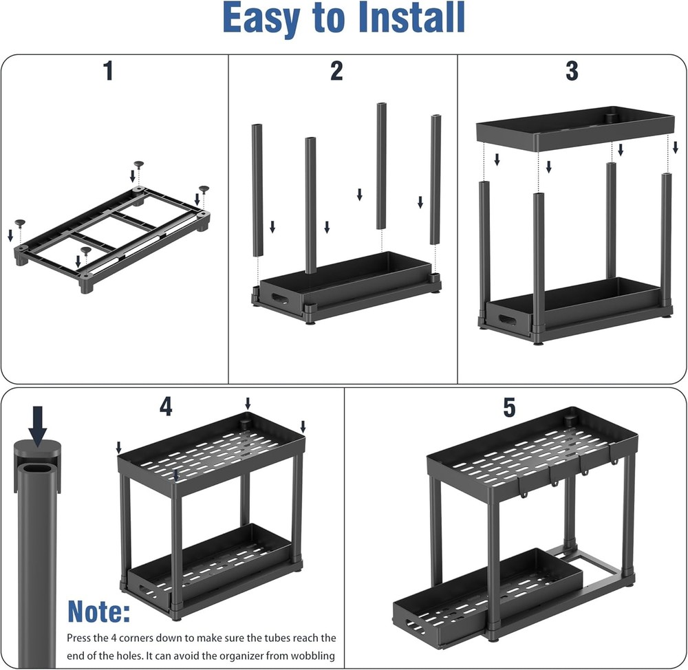 Pull Out Under Sink Organizer 2 Pack Sliding Cabinet Storage Rack Black
