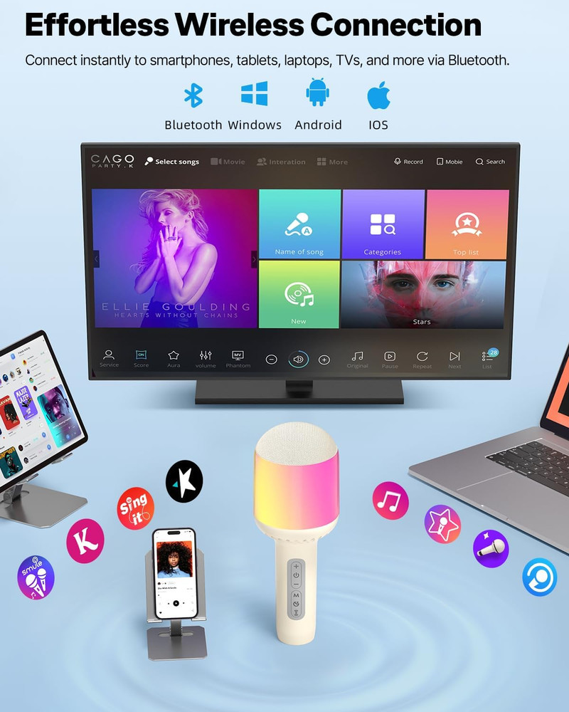 Wireless Bluetooth Karaoke Microphone with Dynamic Lights, Portable Handheld Mic